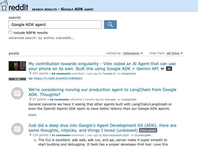 Reddit search capture for Google ADK agent discussions