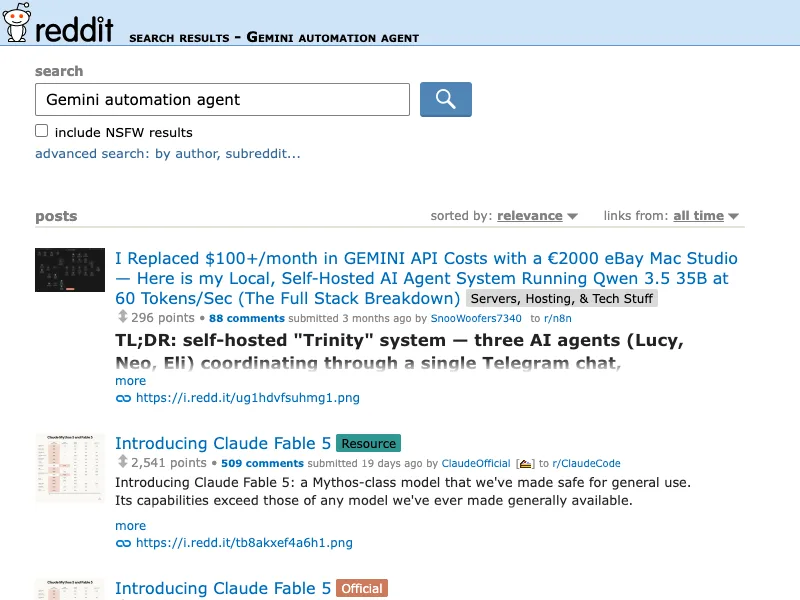 Reddit search capture for Gemini automation agent discussions