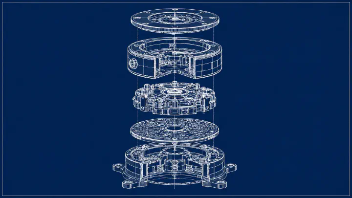 Exploded engineering blueprint of five mechanical layers aligned into one complete assembly