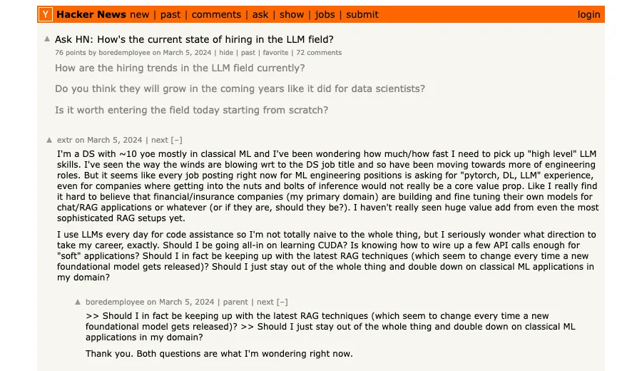 Hacker News Ask HN discussion about the current state of hiring in the LLM field