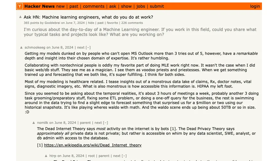 Hacker News discussion where machine learning engineers describe day-to-day work as data access, collaboration, deployment reality, and applied systems work