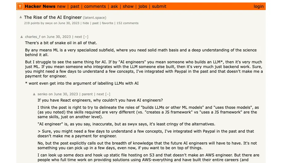 Hacker News discussion of The Rise of the AI Engineer with comments debating whether AI engineer means model creator or LLM application builder