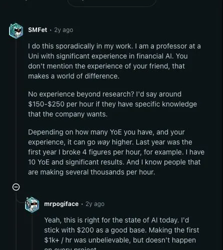 Reddit discussion where practitioners discuss AI advisory compensation, including hourly rates for specialized AI project advice