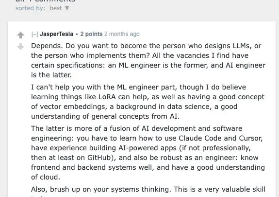 Reddit discussion distinguishing people who design LLMs from people who implement them, with AI engineering framed as AI development plus software engineering