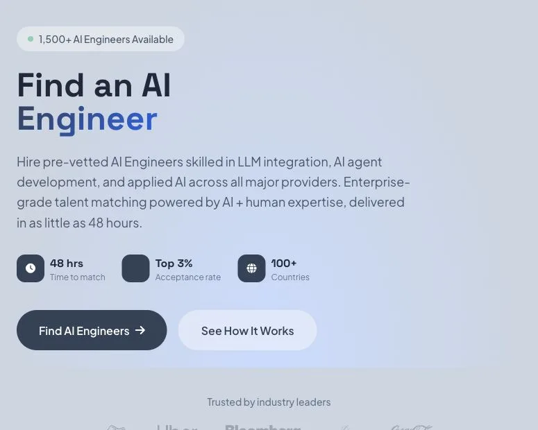 WorkGenius AI engineer service page positioning AI engineers around LLM integration, AI agent development, and applied AI