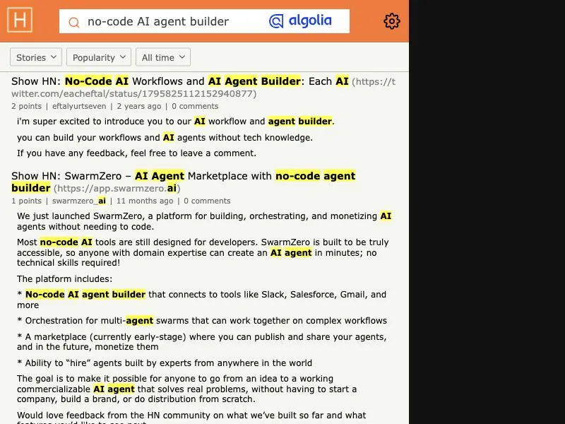 Hacker News search capture for no-code AI agent builder discussions
