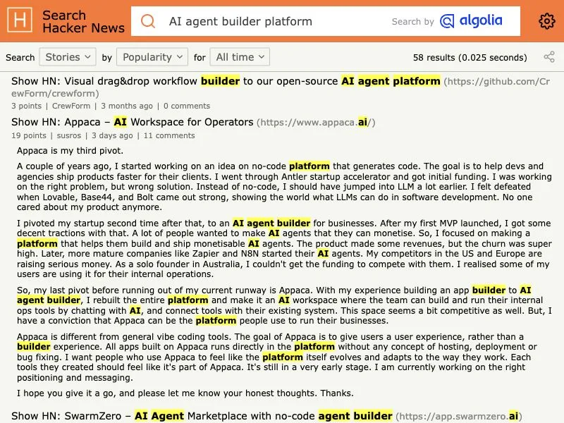Hacker News search capture for AI agent builder discussions