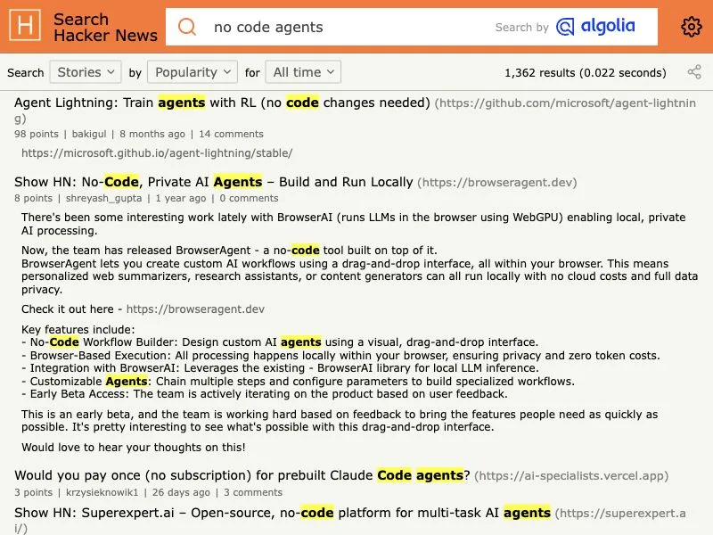 Hacker News search capture for no-code automation AI agents discussions