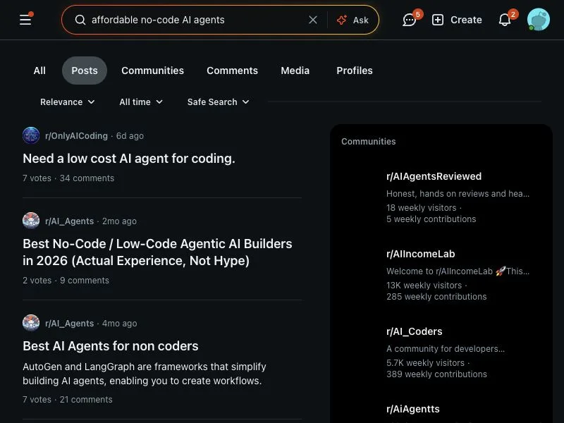 Reddit search capture for affordable no-code AI agents discussions
