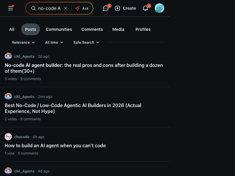 Reddit search capture for no-code AI agent builder discussions
