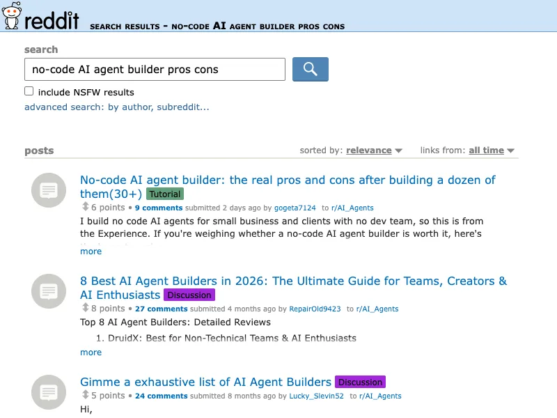 Reddit search capture for no-code AI agent builder pros cons discussions
