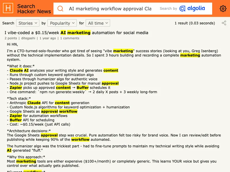 Hacker News discussion about an AI marketing workflow and approval steps