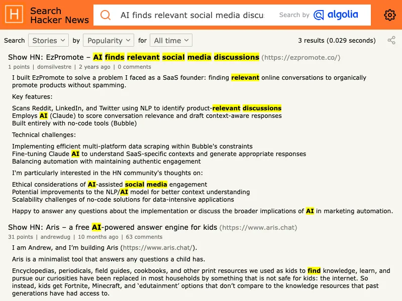 Hacker News discussion of an AI social-listening product for finding relevant discussions