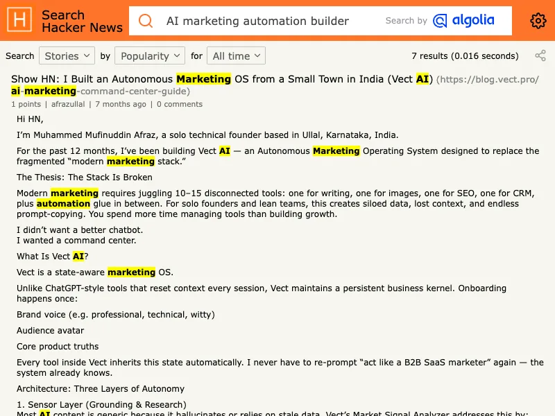 Hacker News discussion used as builder-side marketing automation evidence