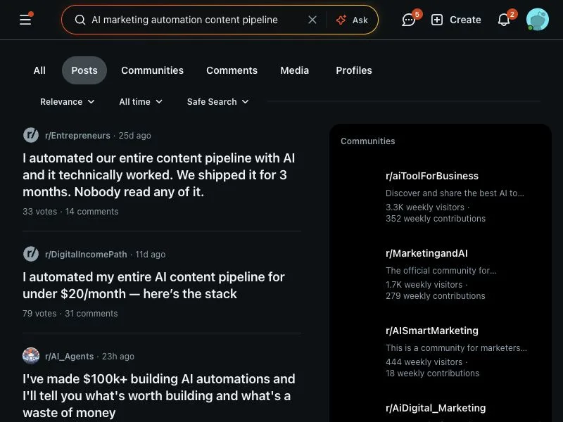 Reddit search capture for AI marketing automation content pipeline discussions