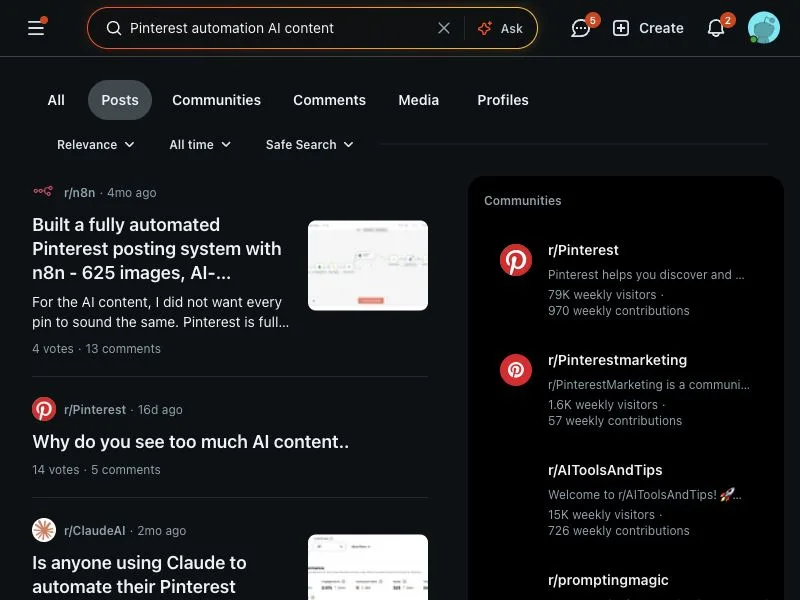Reddit search capture for Pinterest automation and AI content discussions