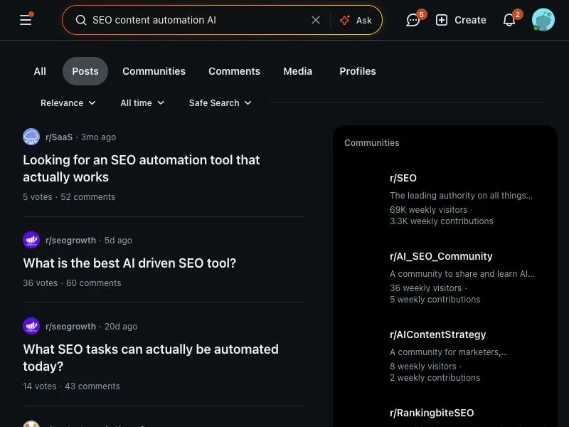 Reddit search capture for SEO content automation AI discussions