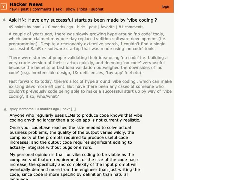 Hacker News discussion asking for successful startups made by vibe coding