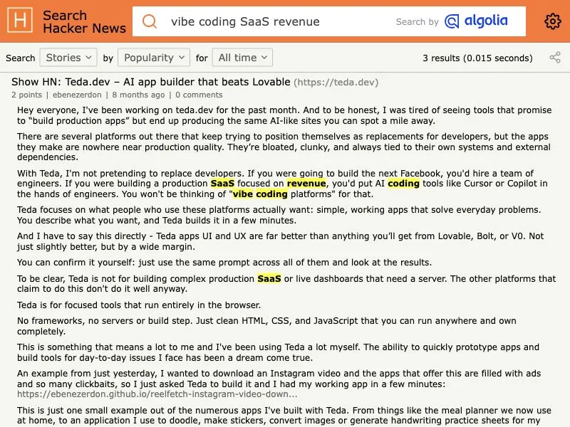 Hacker News Algolia search capture for vibe coding SaaS revenue