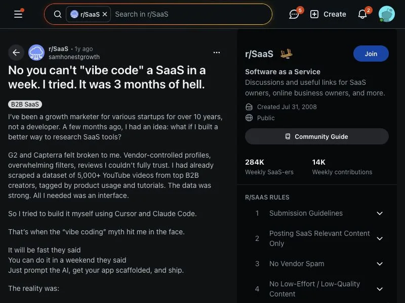 Reddit discussion pushing back on claims that a SaaS can be vibe-coded in a week
