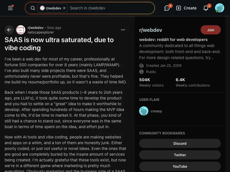 Reddit discussion about SaaS saturation and vibe coding changing the supply of software products