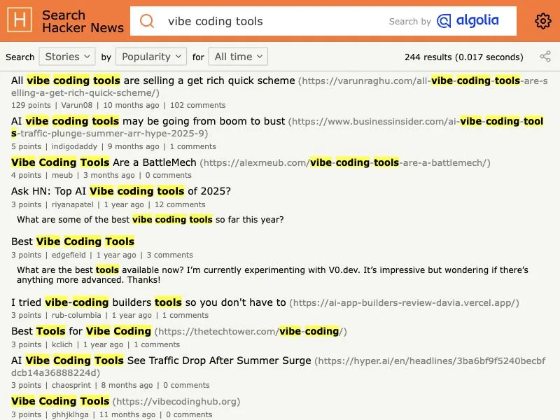Hacker News Algolia search capture for vibe coding tools