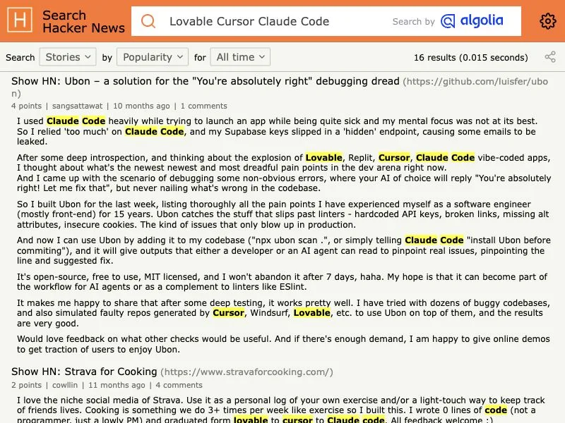 Hacker News Algolia search capture for Lovable, Cursor, and Claude Code