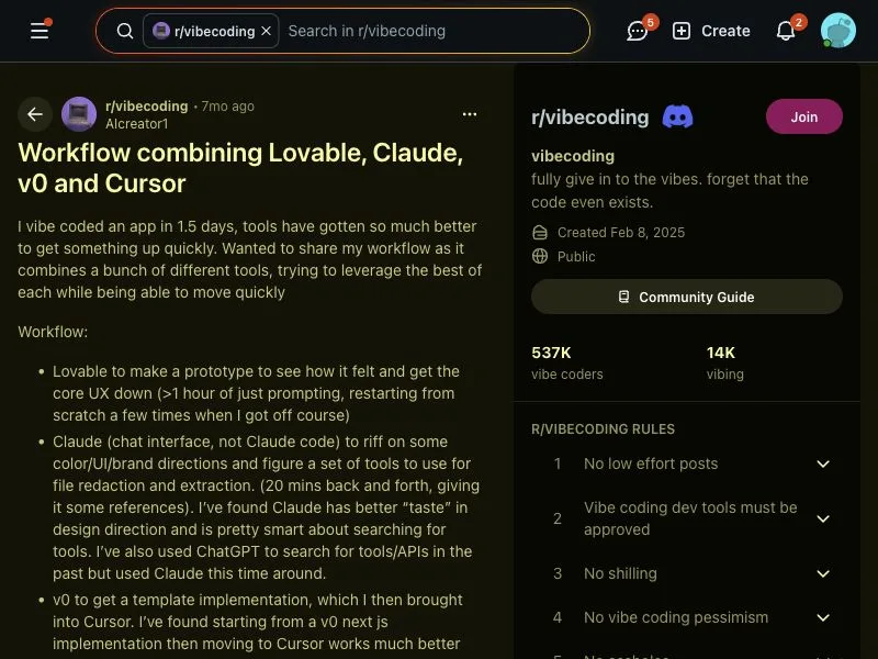 Reddit workflow combining Lovable, Claude, v0, and Cursor