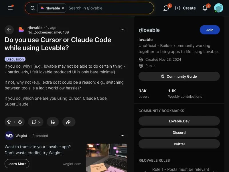 Reddit discussion about using Cursor or Claude Code with Lovable