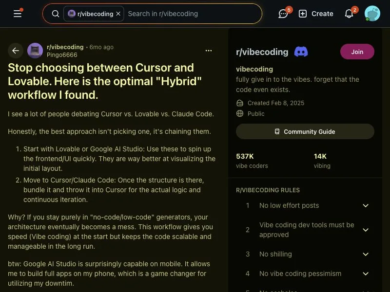 Reddit discussion about choosing between Cursor and Lovable