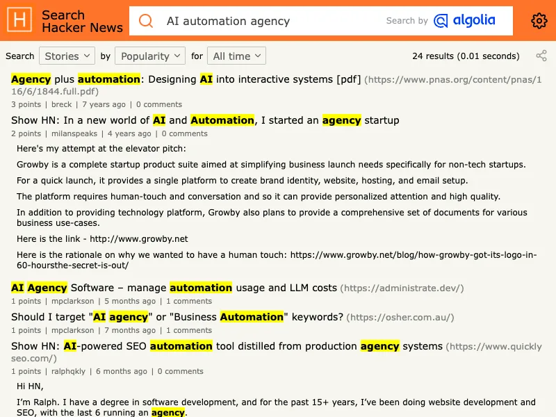 Hacker News search capture for AI automation agency business model discussions