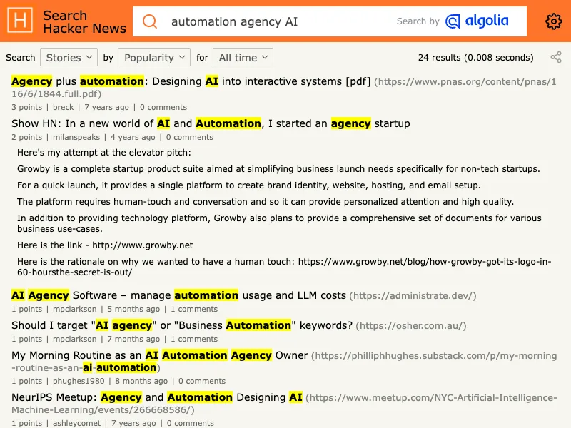 Hacker News search capture for AI automation agency discussions