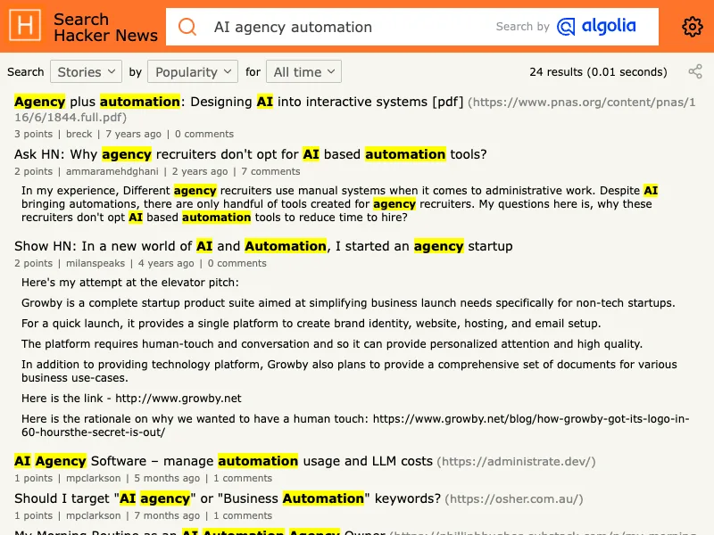 Hacker News search capture for AI automation services agency discussions
