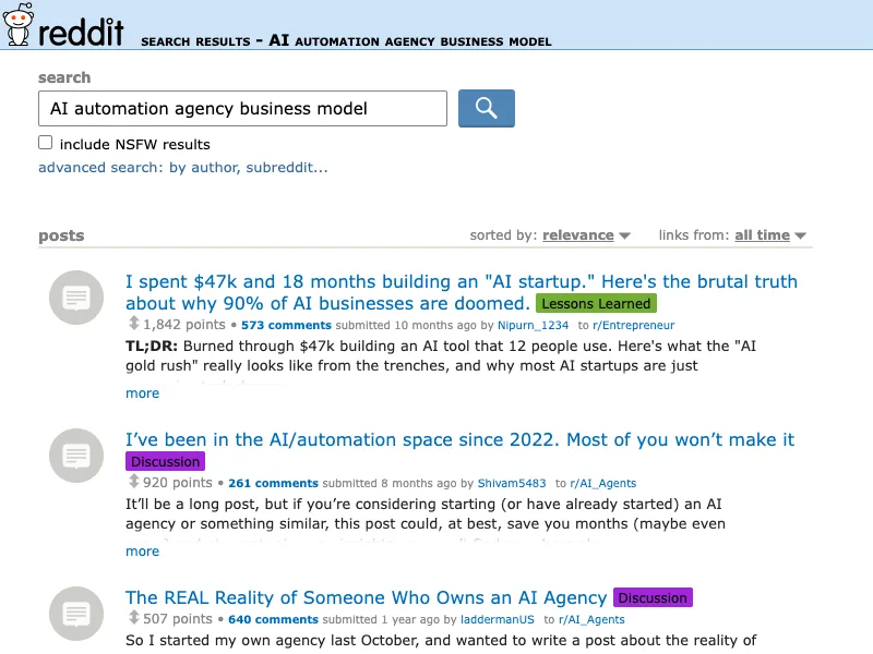 Reddit search capture for AI automation agency business model discussions