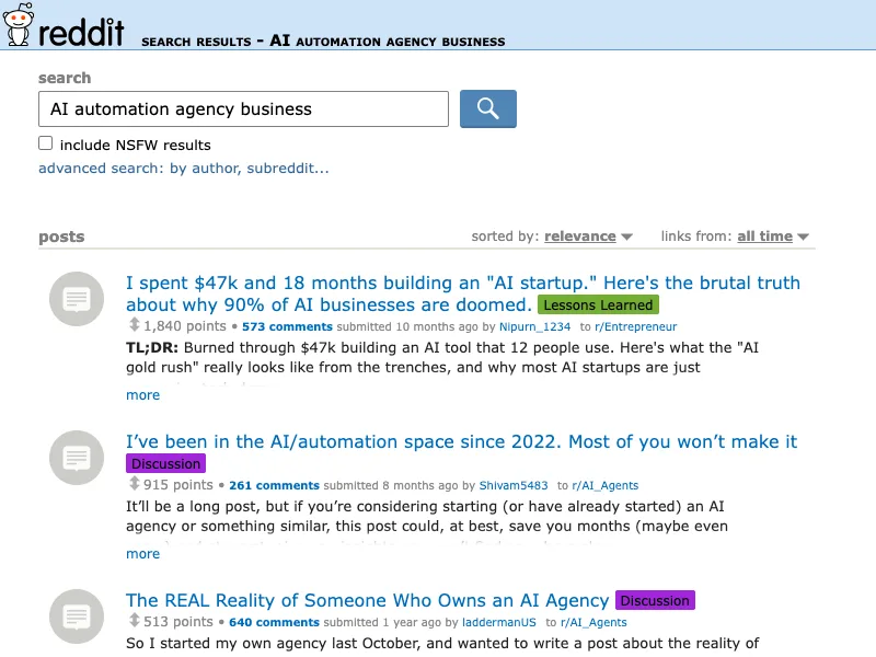 Reddit search capture for AI automation agency business discussions