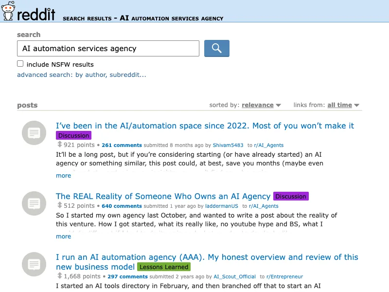 Reddit search capture for AI automation services agency discussions